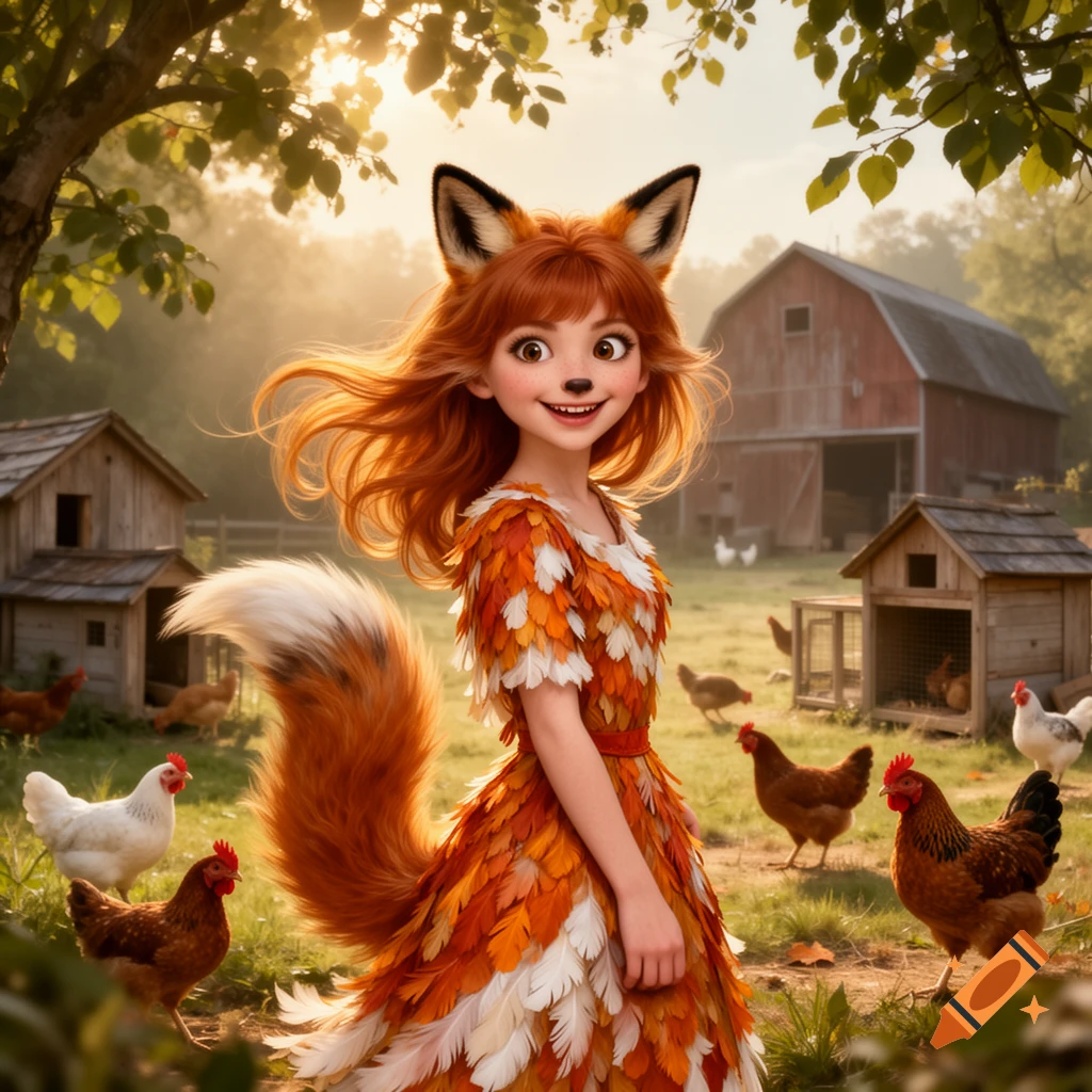 A whimsical, red-haired fox girl in a leafy dress smiles in a sunny farmyard with chickens and a red barn.