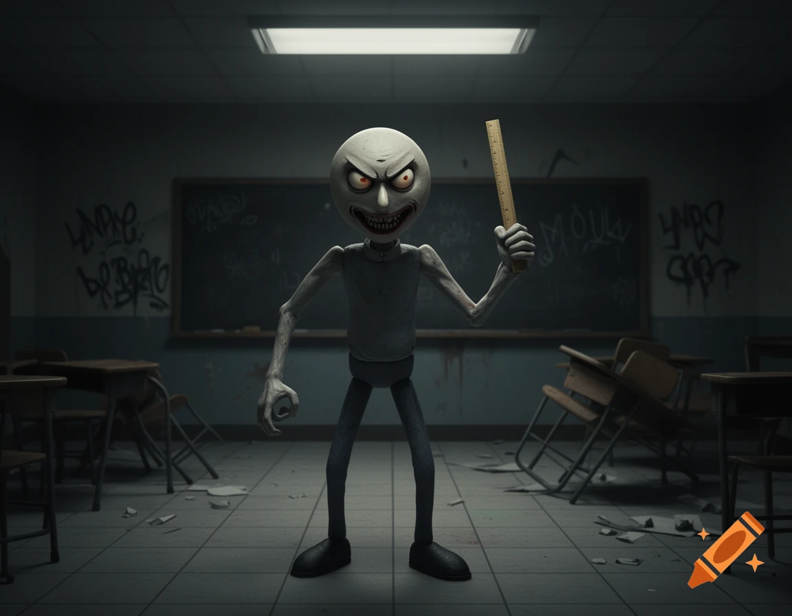 A creepy, gaunt, pale-skinned character with glowing red eyes and a wide, toothy grin stands in a dark, disheveled classroom, holding a ruler.