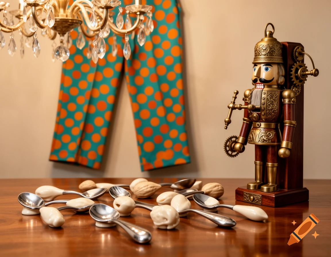 A nutcracker figure, spoons, and walnuts on a wooden table, with polka-dotted pants and a chandelier in the background.