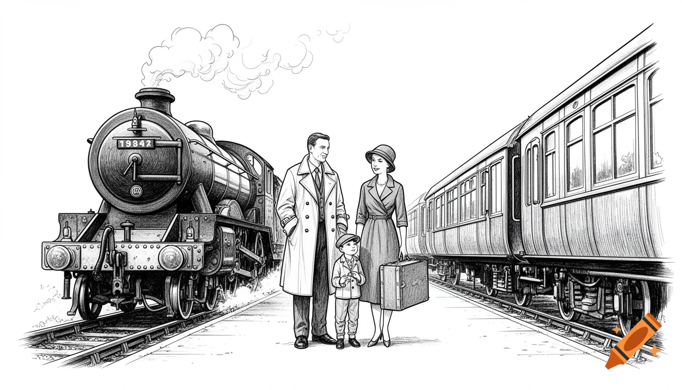 A family of three, a man, woman, and small boy, stand on a train platform between a steam train and passenger carriages, in a black and white line drawing style.