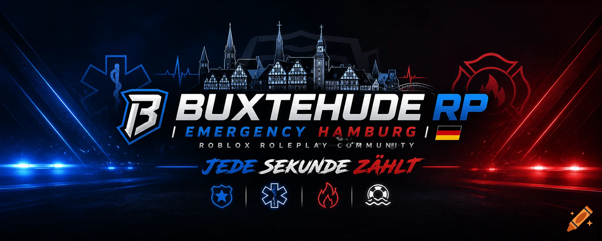 A gaming community banner with "Buxtehude RP | Emergency Hamburg | 🇩🇪" and "Jede Sekunde zählt" text. It features a stylized city skyline and emergency service icons against a split red and blue background.