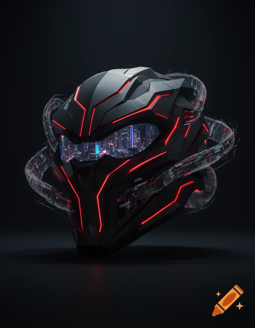A dark, futuristic cyborg helmet with glowing red accents and a cityscape reflected in its visor, surrounded by a data stream.