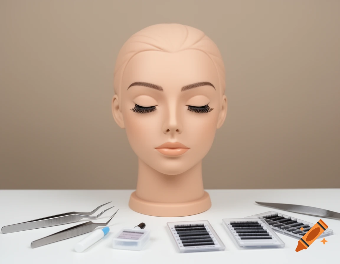 A mannequin head with closed eyes and long false eyelashes sits on a white surface, surrounded by lash extension trays, tweezers, and supplies against a beige background.