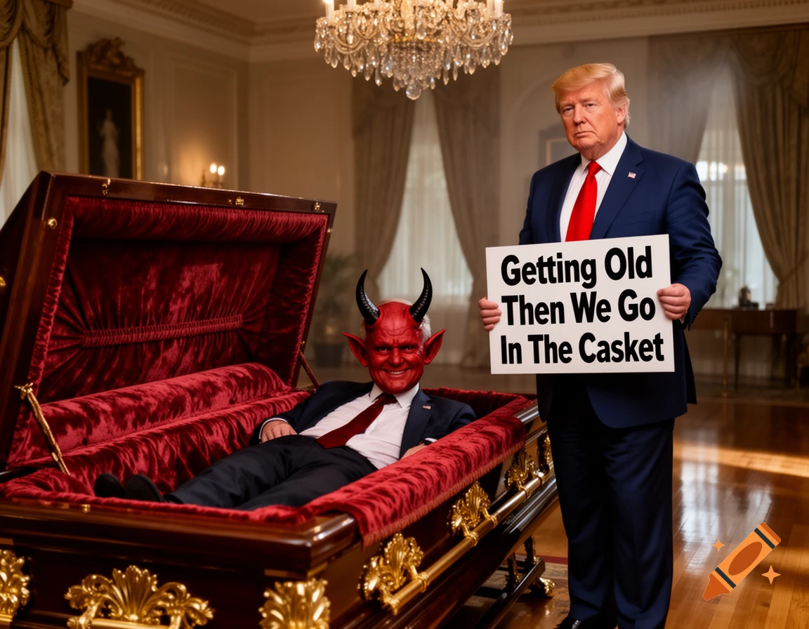 Donald Trump in a suit holding a sign about aging next to a red devil in a velvet-lined coffin in a formal room.