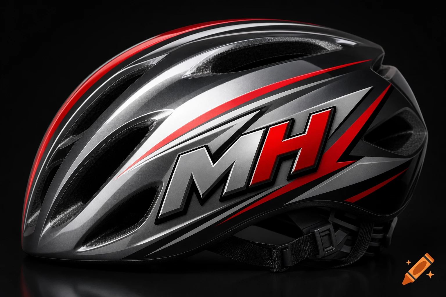 Photorealistic metallic grey bicycle helmet with a prominent red and silver "MH" logo and red stripes on a black background.