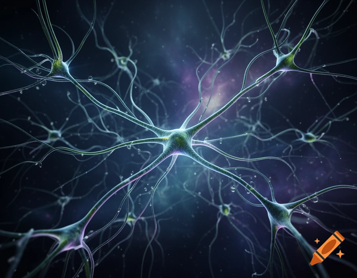 Close-up of glowing green neuron-like structures with dendrites connecting, set against a dark, cosmic background.