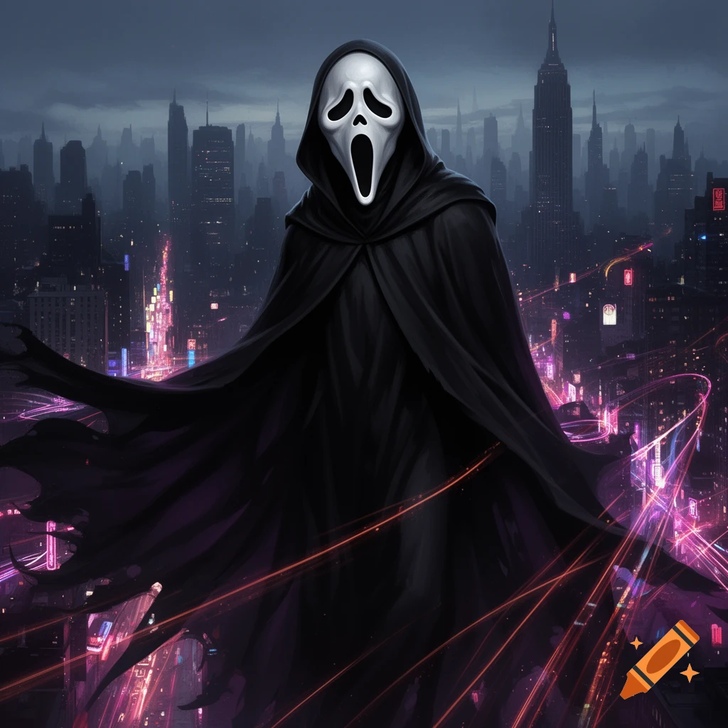A stylized digital painting of Ghostface in a long black cloak, standing in a futuristic or neon-lit city at night.