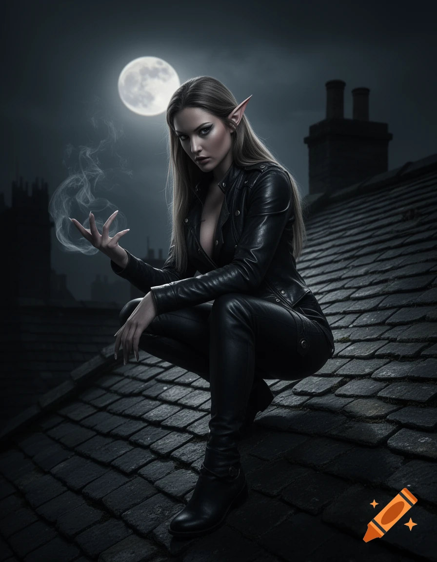 Photorealistic dark fantasy image of an elf in black leather, crouched on a rooftop under a full moon, with smoke emanating from her hand.