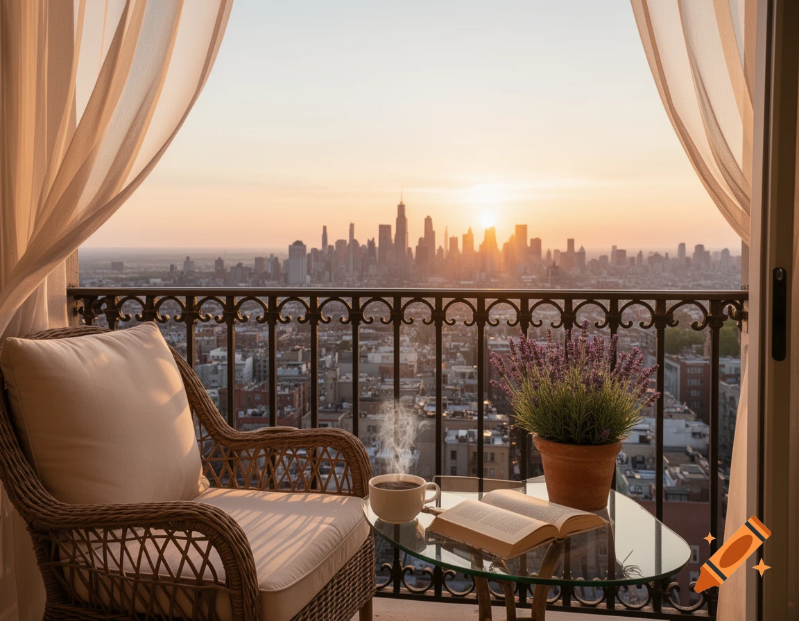 Photorealistic image of a balcony with a wicker chair, coffee, book, and plant overlooking a city skyline at sunset.