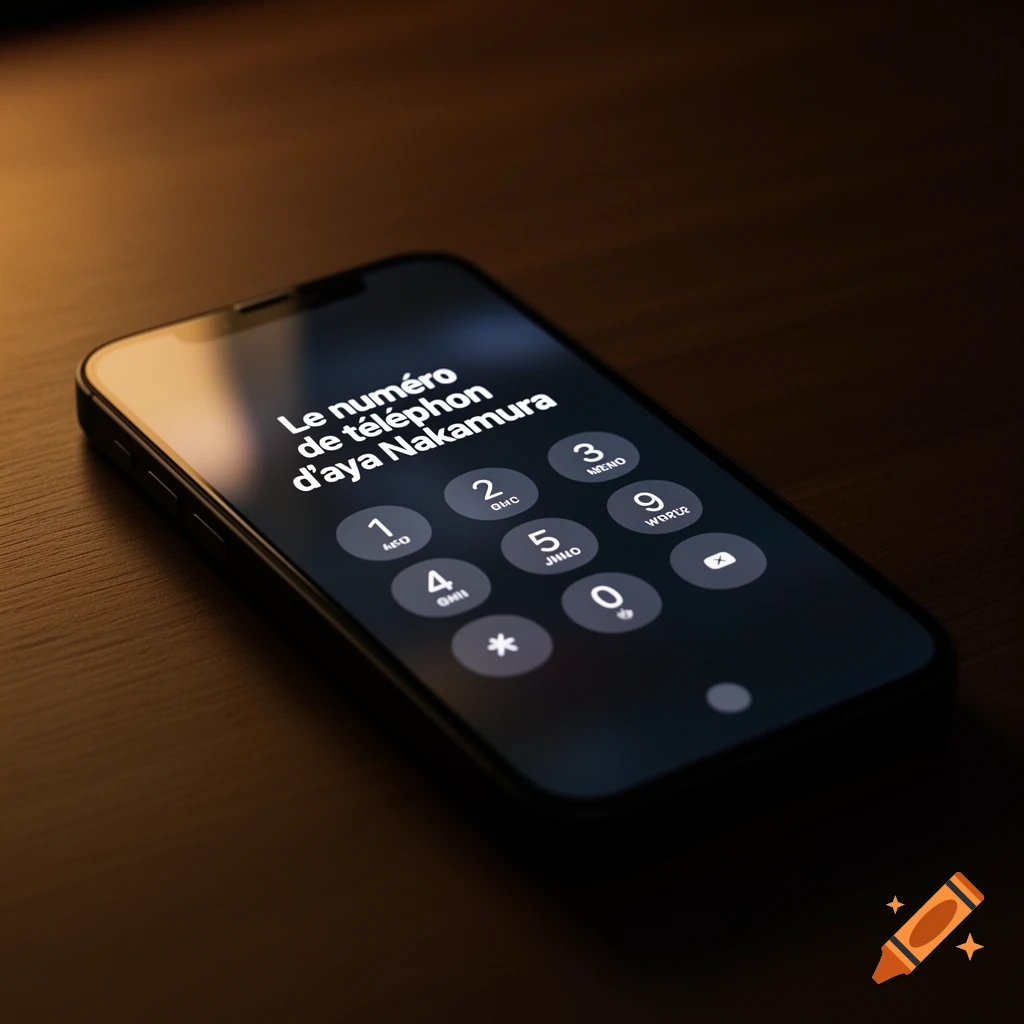 A close-up of a dark smartphone displaying a dial pad and the text "Le numéro de téléphone d'aya Nakamura" on its screen, resting on a dark wooden surface.