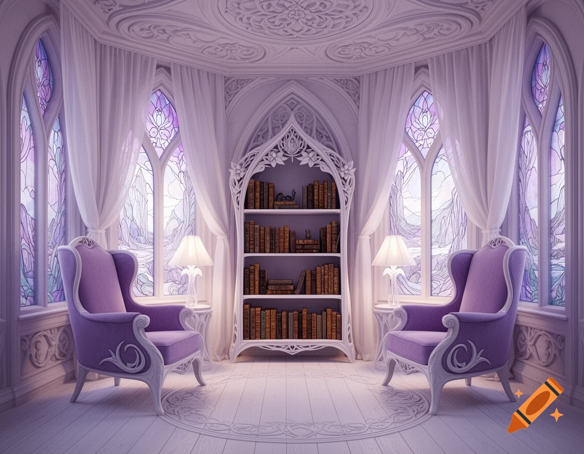 An ornate elven-style room in lilac and white, featuring two purple armchairs, a detailed bookshelf filled with books, lamps, and large stained-glass windows.