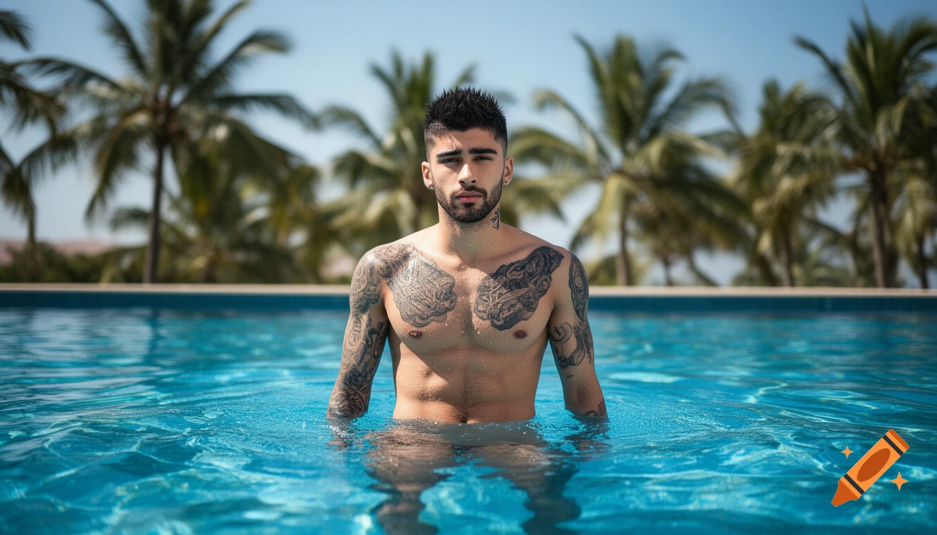 Photorealistic portrait of Zayn Malik shirtless in a blue swimming pool with palm trees in the background.