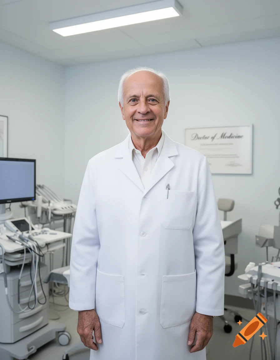 A smiling elderly male doctor in a white lab coat stands in a medical office with medical equipment.