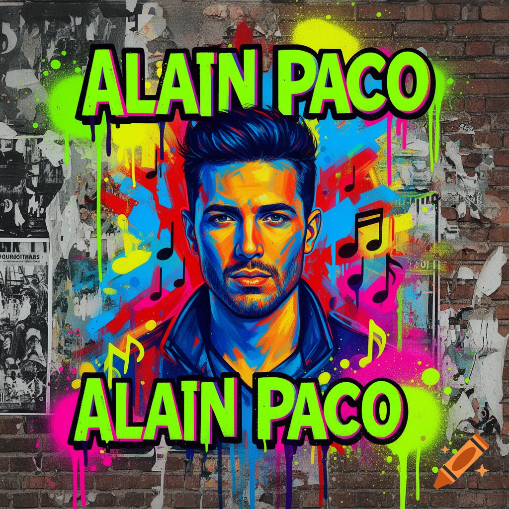 A vibrant pop art and street art style portrait of a man, with the name ALAIN PACO in neon green text above and below, against a brick wall with graffiti and torn posters, featuring colorful paint splatters and music notes.