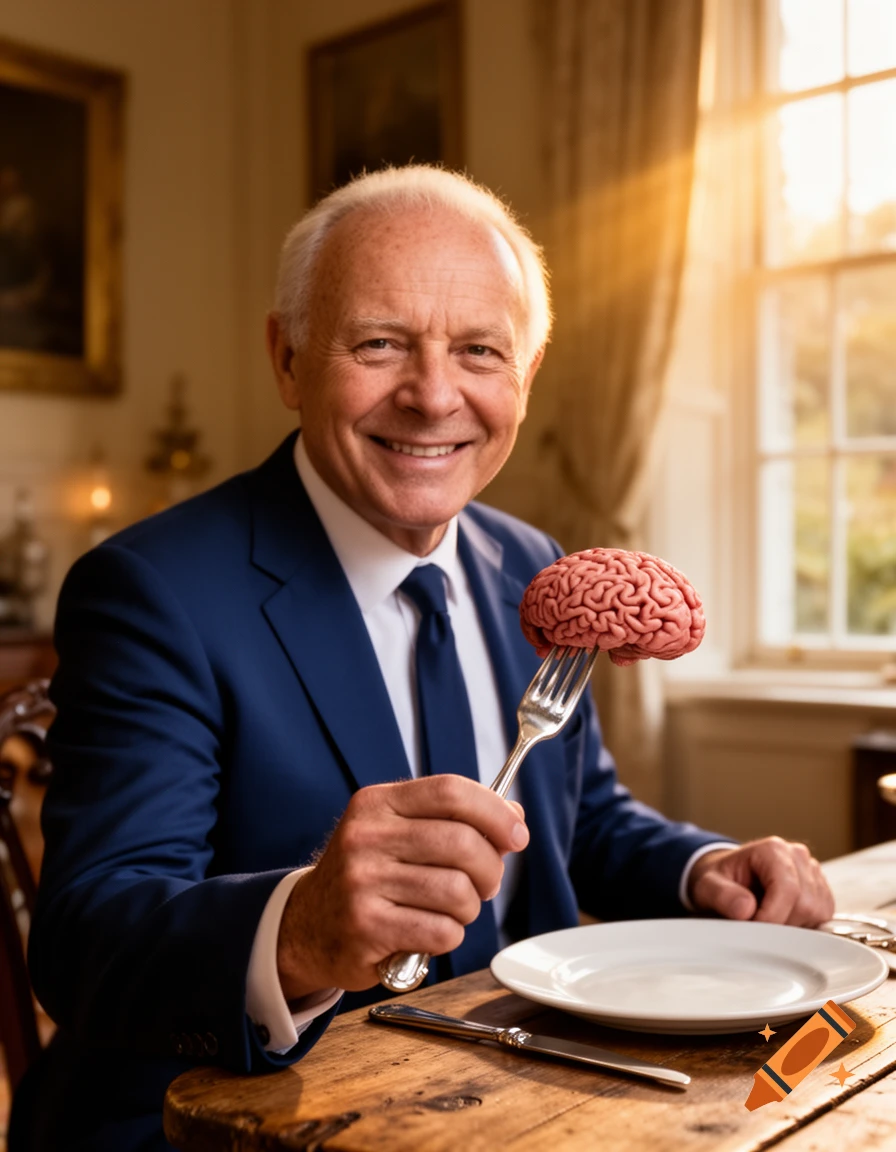 Smiling man in a blue suit holds a human brain on a fork at a dining table in warm light.