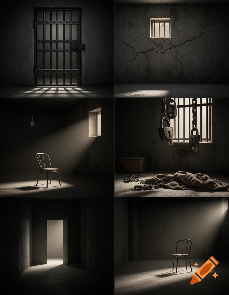 A collage of six dark, realistic scenes showing prison cell elements: barred doors, windows, empty chairs, chains, and blankets with dramatic lighting.