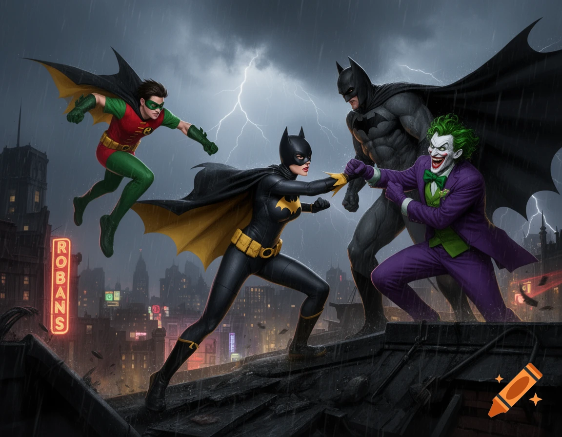 Batman, Batgirl, Robin, and Joker fight on a rainy rooftop at night, with lightning in the sky and a cityscape in the background.