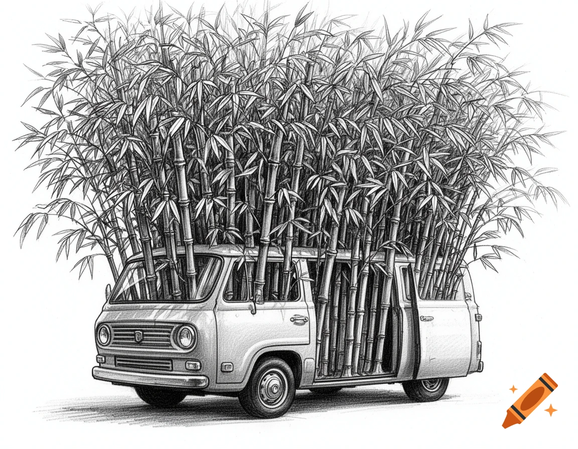 Black and white pencil sketch of a classic van overflowing with bamboo.