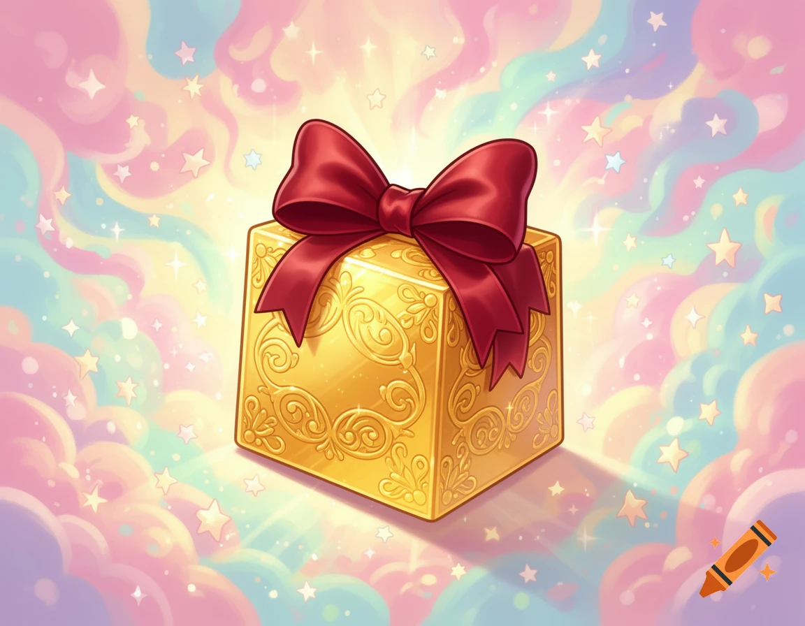 A golden gift box with ornate patterns and a red bow, set against a pastel, star-filled, magical background in a cartoon style.