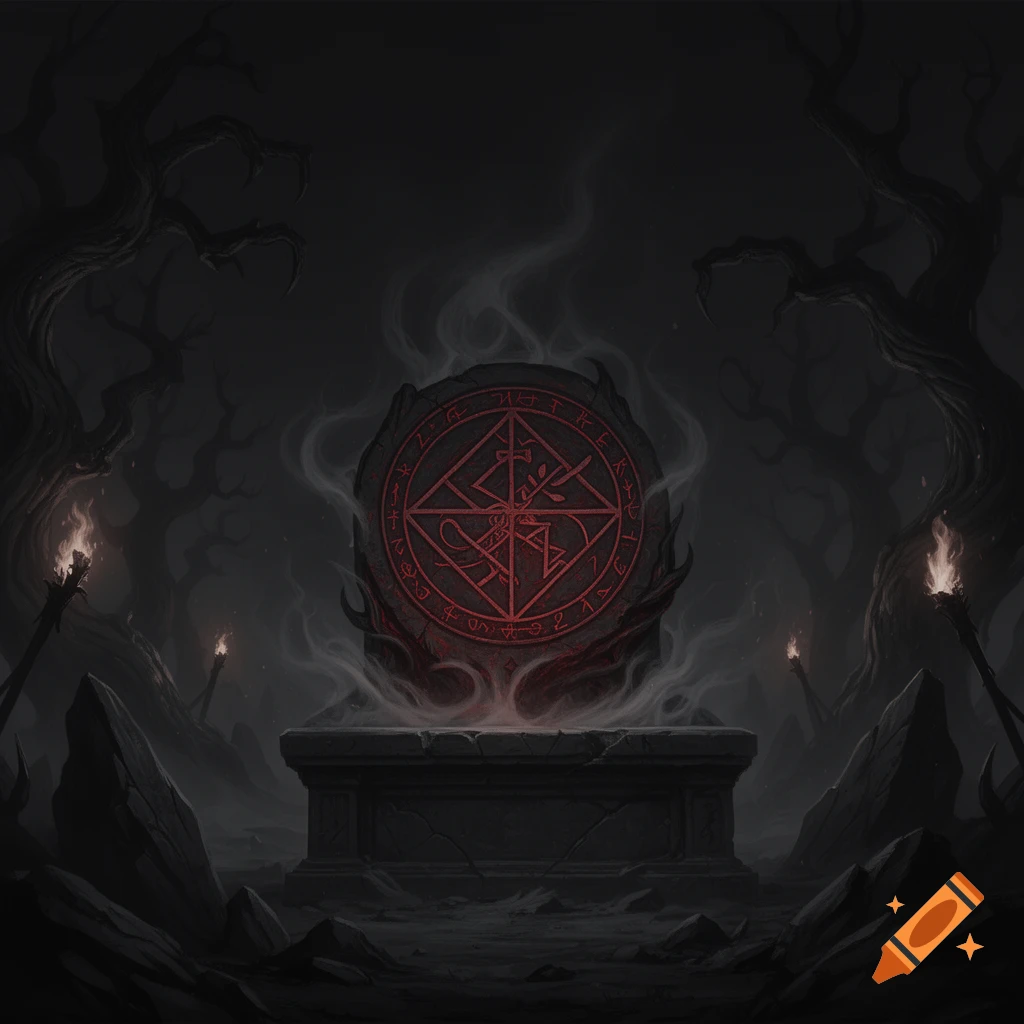 A glowing red demonic sigil on a round stone tablet over a dark stone altar in a gnarled, shadowy forest with torches.