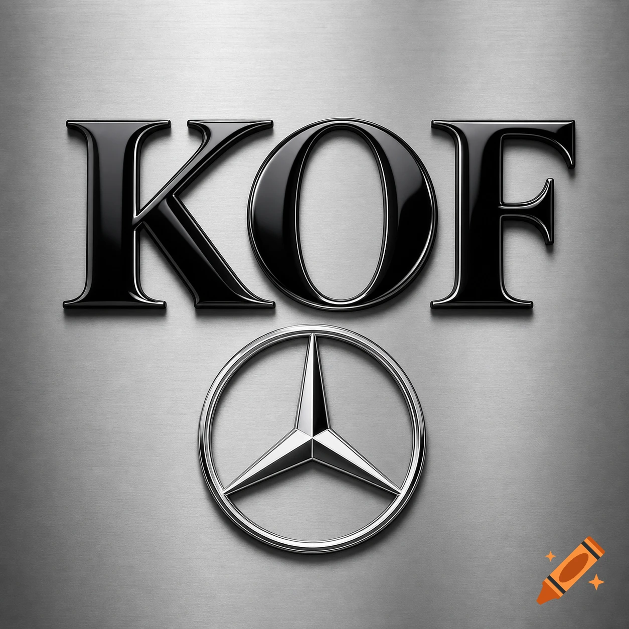 The glossy black letters KOF above a silver Mercedes-Benz logo on a brushed metal background.