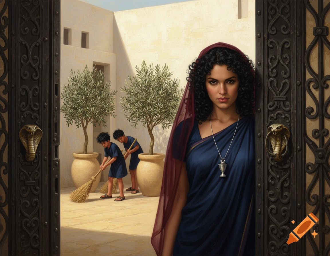A woman with dark curly hair and a red veil peeks from an ornate door. Two boys sweep a courtyard with olive trees and an ancient-style house.