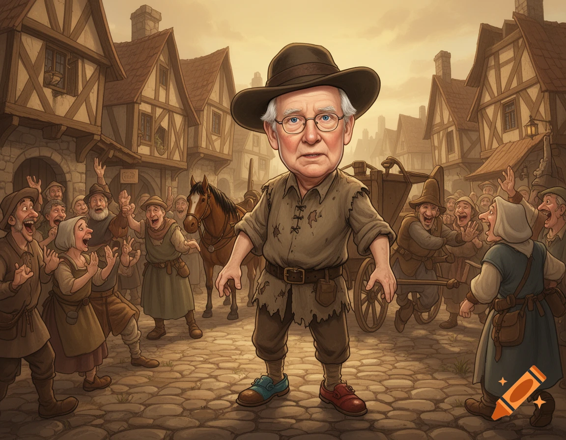 Caricature of Mitch McConnell in a brown hat and medieval clothes, standing in a lively medieval village street with a laughing crowd.