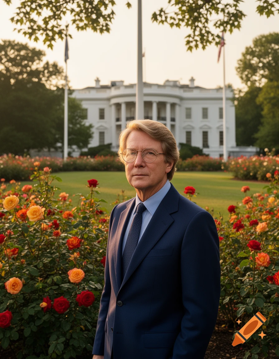 A man in a navy suit and glasses stands in a rose garden with the White House in the background at sunset.
