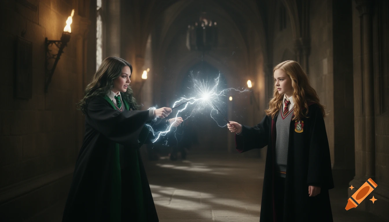 Two young witches in dark robes duel with wands, casting bright lightning spells in a stone castle corridor.