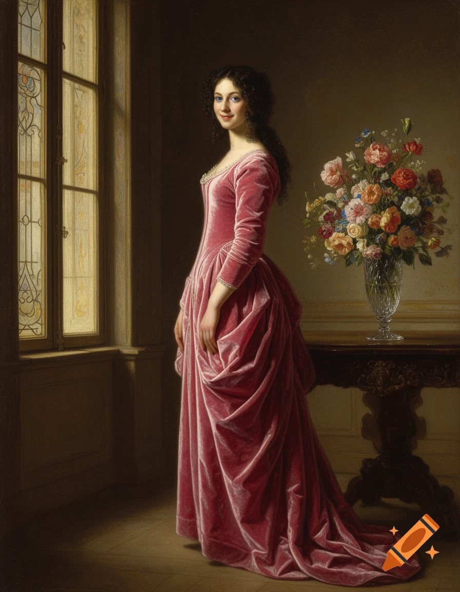 A painting of a smiling noblewoman in a pink velvet dress, standing in a room with tall windows and flowers on a table.