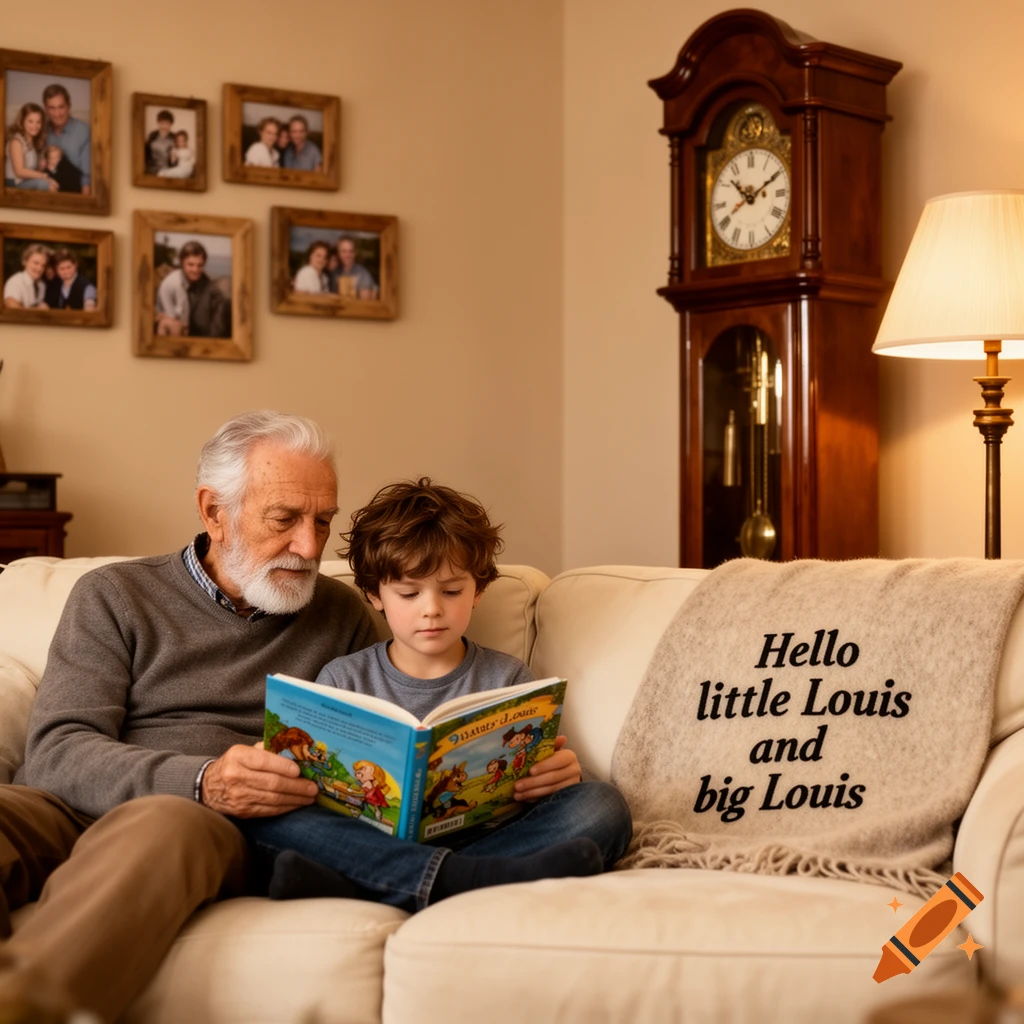 An old man and a young boy read a book together on a beige couch. A blanket to the right reads 'Hello little Louis and big Louis'.