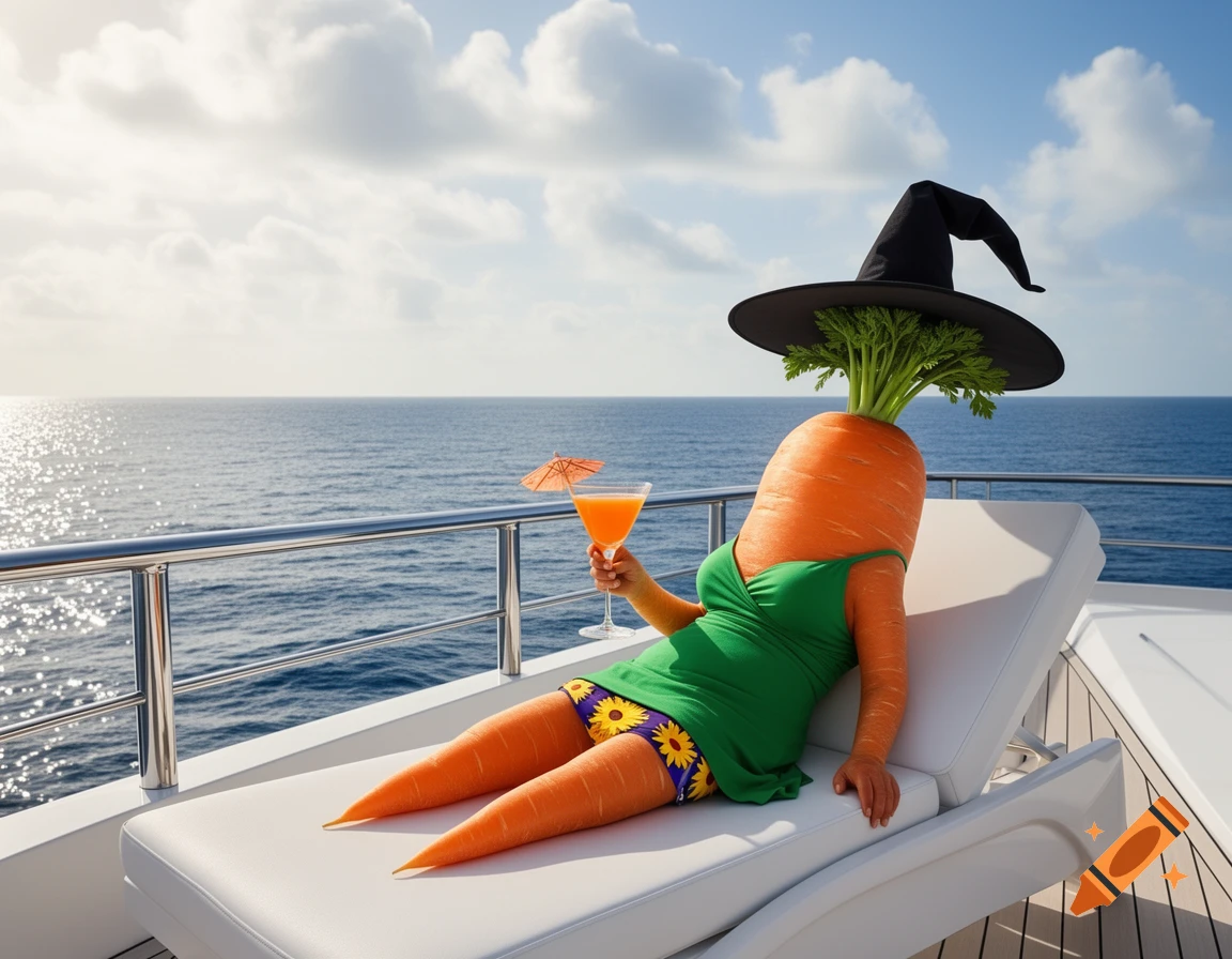 A surreal carrot character wearing a witch hat and a green swimsuit, holding a cocktail, relaxing on a yacht at sea.