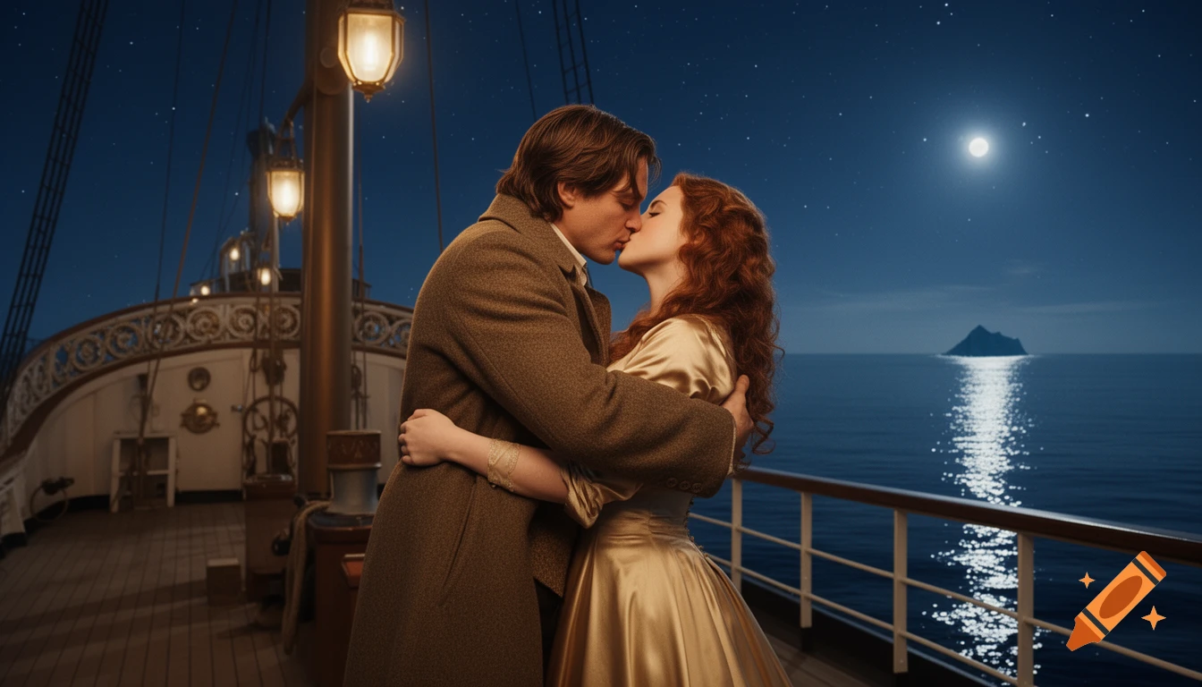 A man and a woman embrace and kiss on the deck of a ship at night, under a starry sky with a full moon reflected on the water.