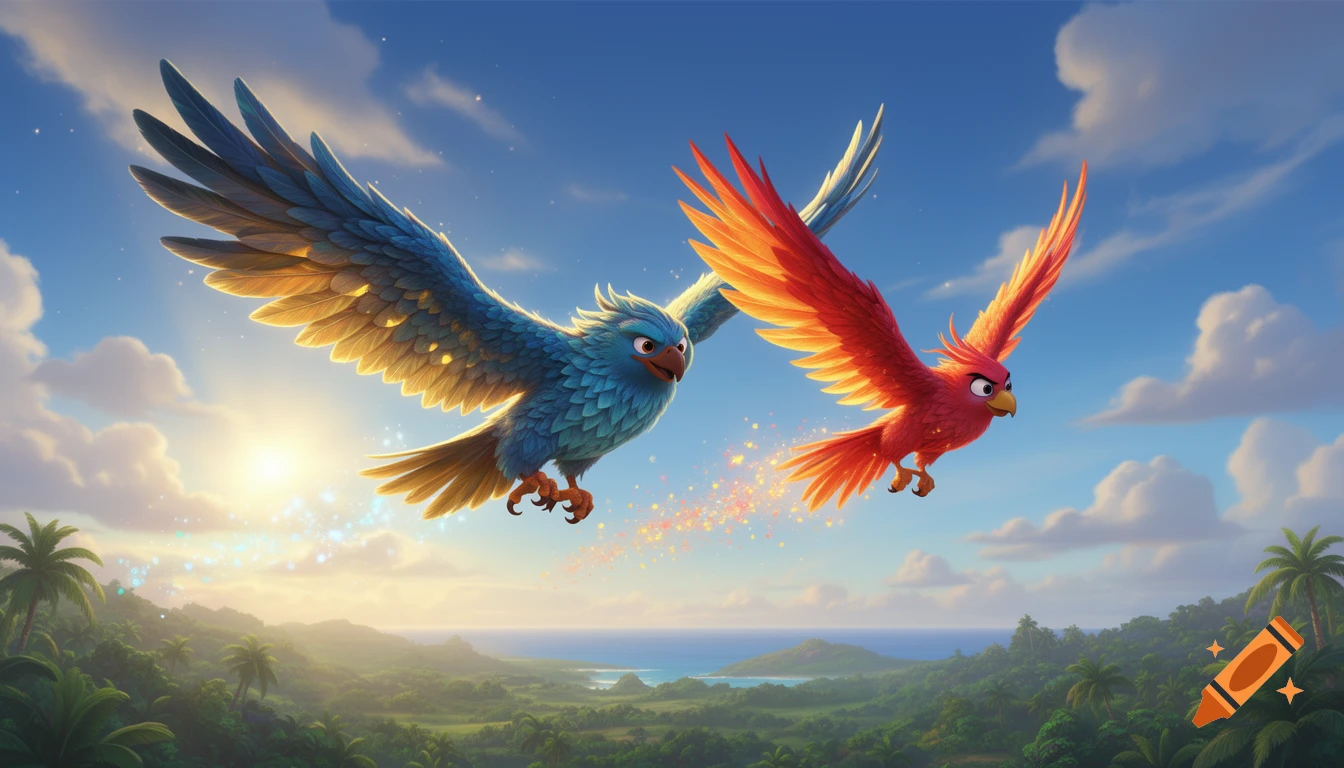 Two stylized cartoon birds, one blue and one one red, fly with sparkling trails over a lush tropical landscape under a bright blue sky.