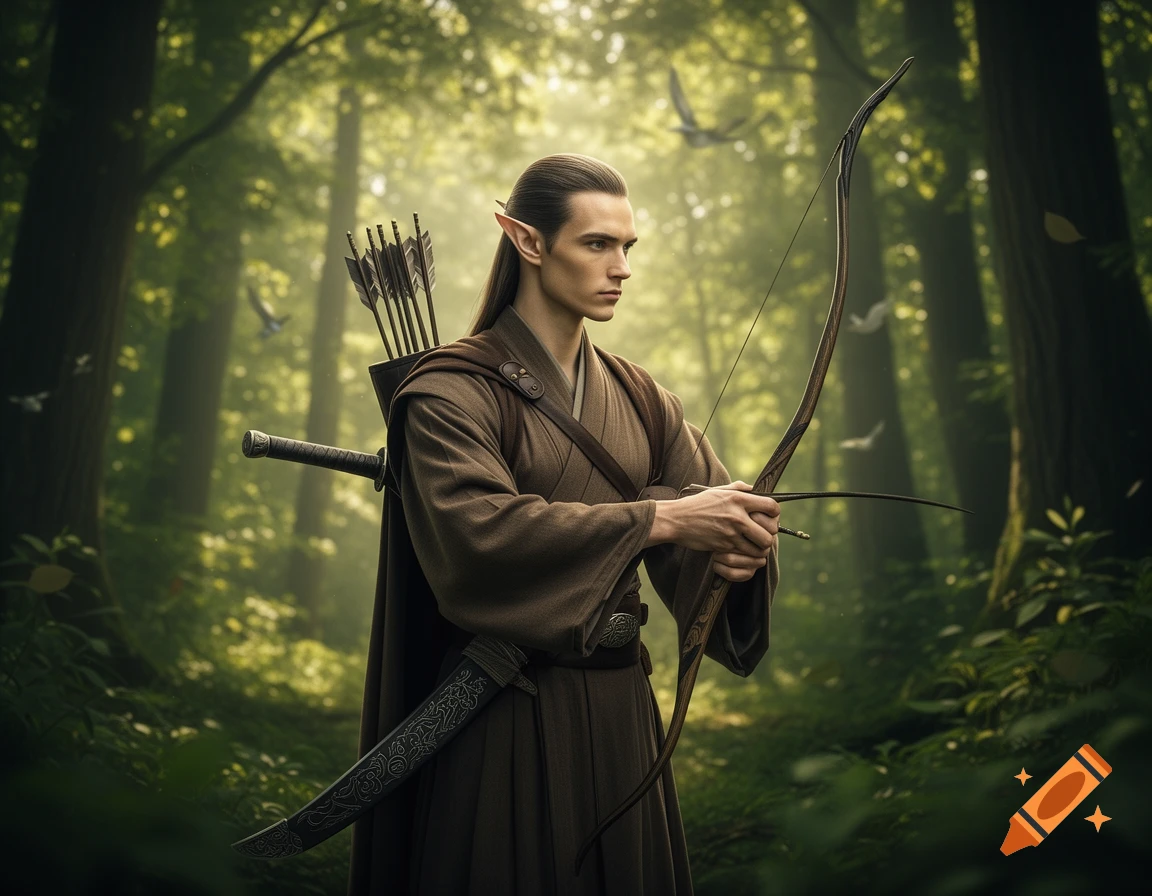 A photorealistic male elf with long hair and pointed ears, holding a recurve bow, quiver, and sword in a sunlit forest.