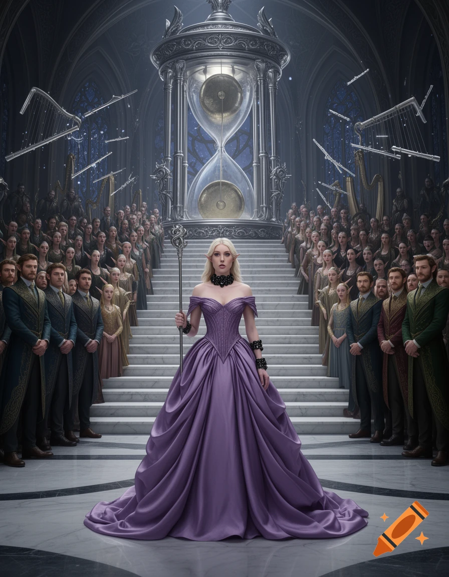 An elf princess in a flowing purple ball gown and black jewelry stands before a large hourglass and crowd in a grand, ornate hall with floating instruments.