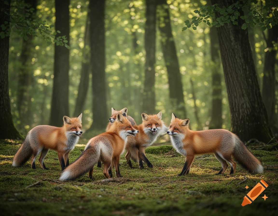 A group of five photorealistic foxes stands on mossy ground in a sunlit forest.