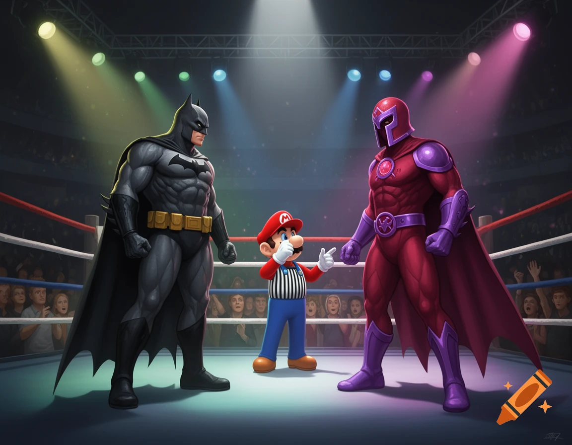 Batman and Magneto face each other in a boxing ring, with Mario as a referee in a striped shirt standing between them, under colorful spotlights.