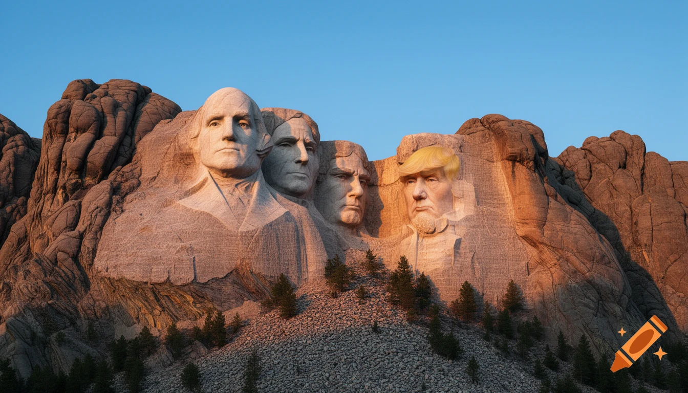 Mount Rushmore with sculpted faces of George Washington, Thomas Jefferson, Theodore Roosevelt, Abraham Lincoln, and Donald Trump, under a blue sky.