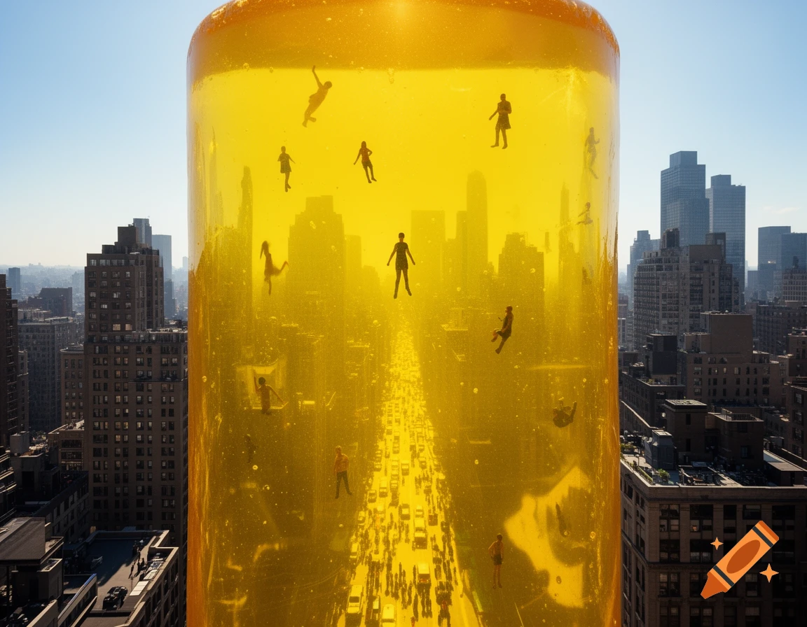 A towering transparent yellow structure, resembling a pill bottle or jello, filled with small human figures, dominates a cityscape.