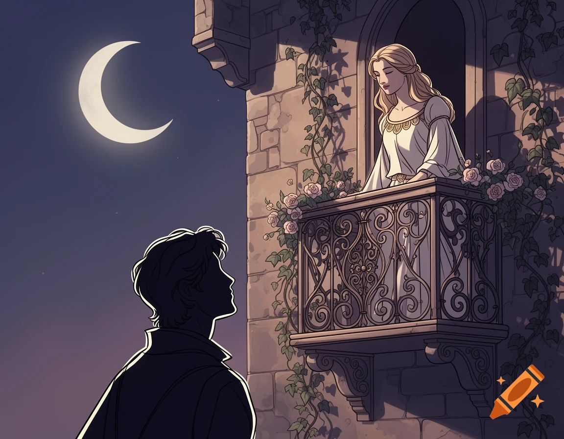 Stylized illustration of a man looking up at a woman on a stone balcony adorned with roses and ivy, under a crescent moon.
