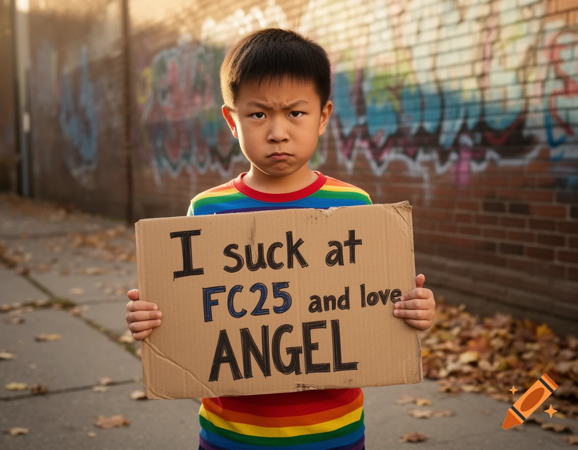 A mad-faced Asian boy in a rainbow shirt holds a cardboard sign that says "I suck at FC25 and love ANGEL" in an alley.