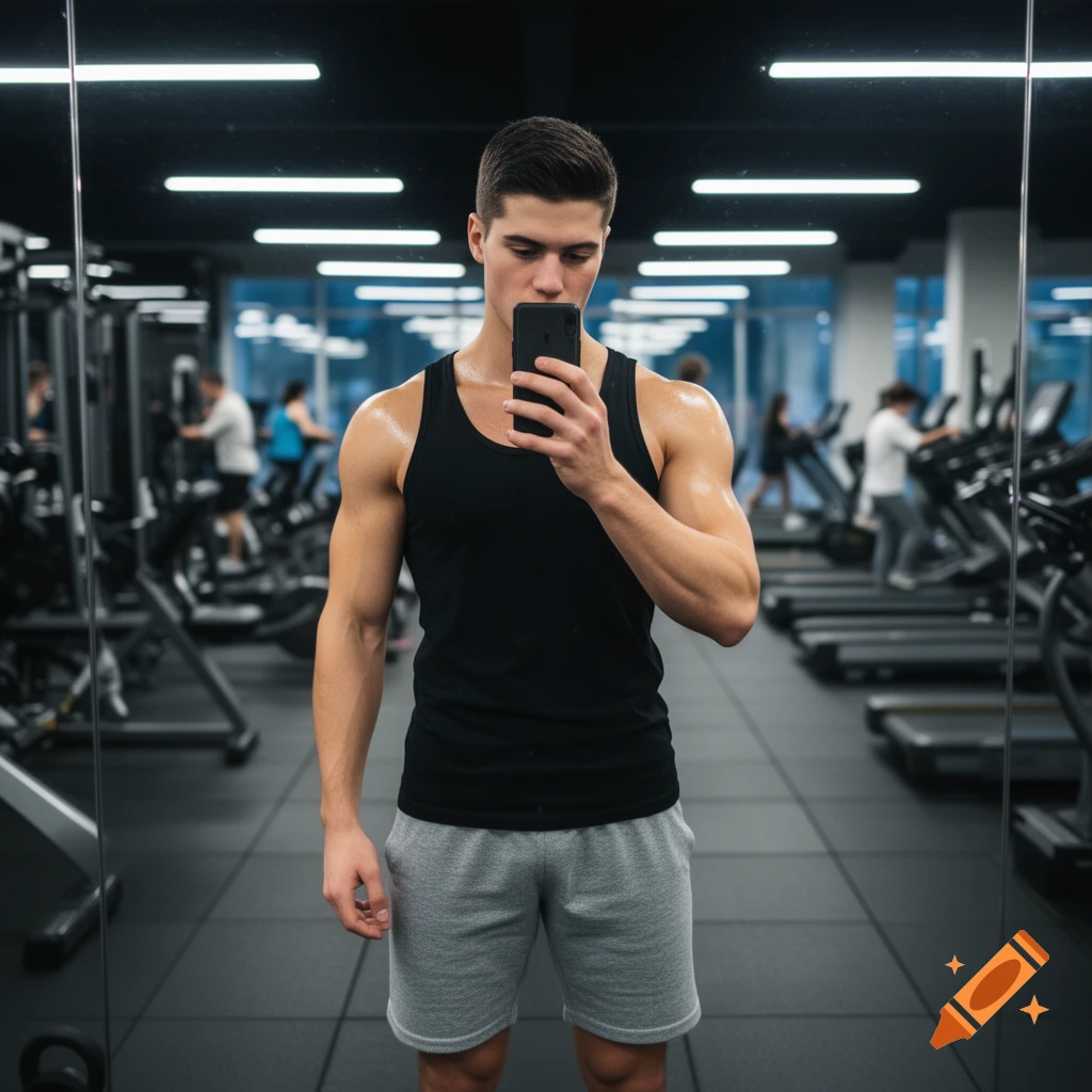 A young man with an athletic build takes a mirror selfie in a gym, his phone obscuring part of his face.
