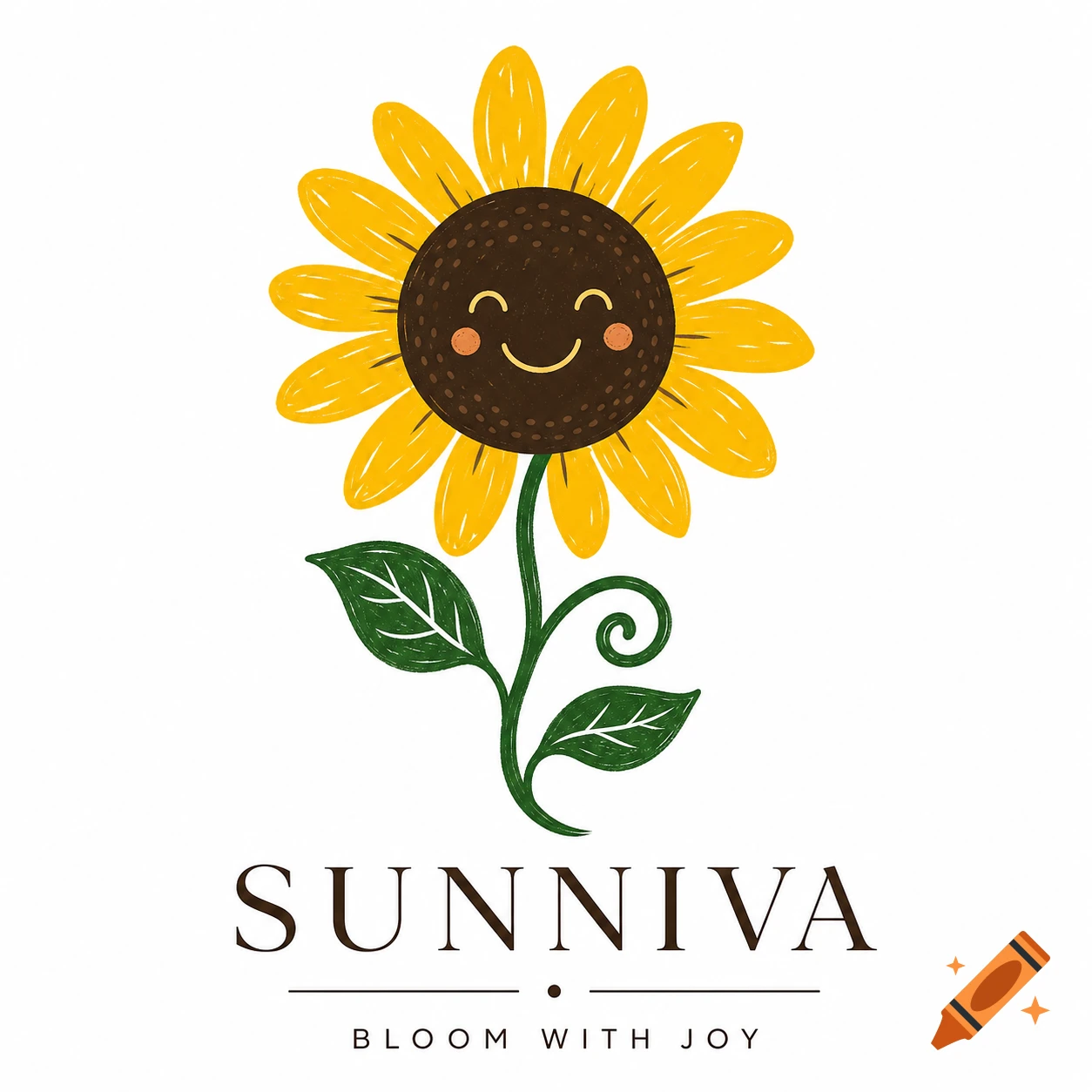 Cute cartoon sunflower logo with a smiling face, green stem, and leaves, with the text 'SUNNIVA BLOOM WITH JOY' below.