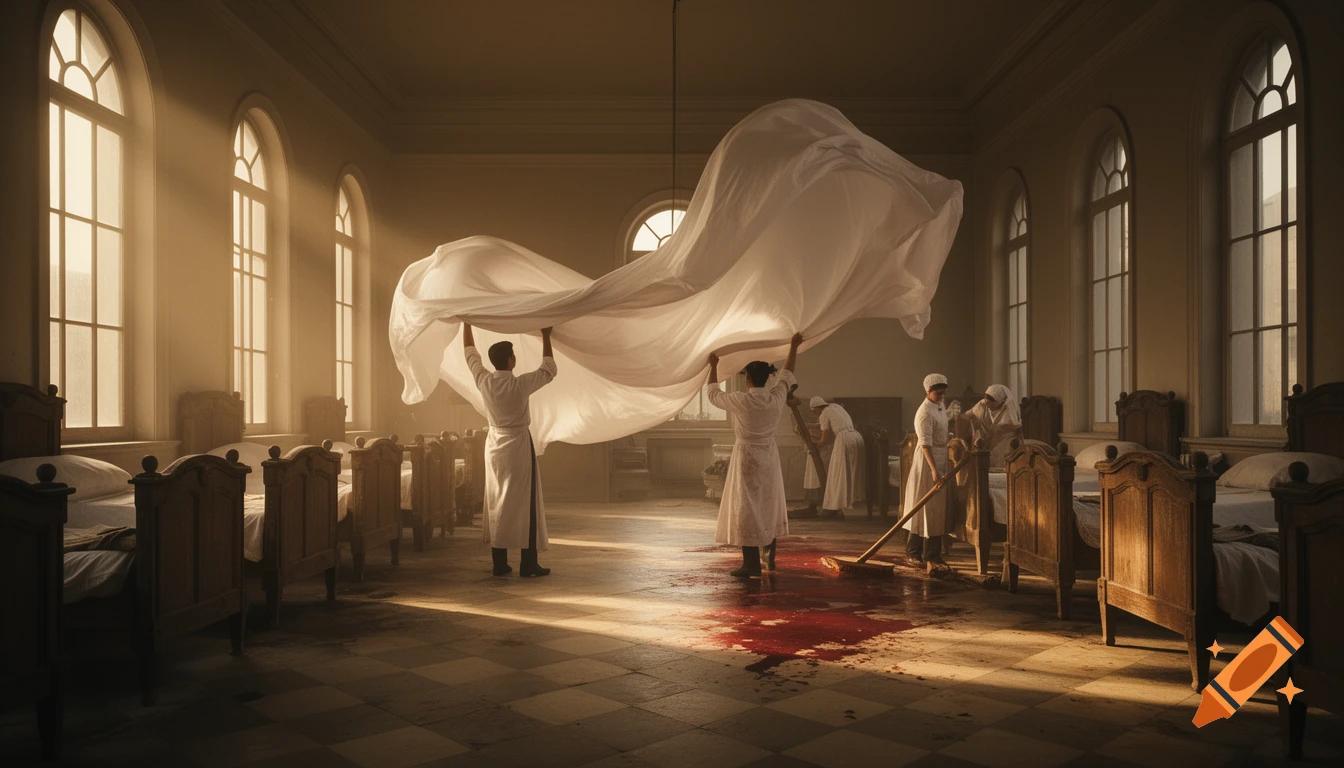 Dramatic, cinematic shot of a 19th-century hospital ward with staff cleaning bloodstains and shaking out large white sheets in sunlit volumetric light.