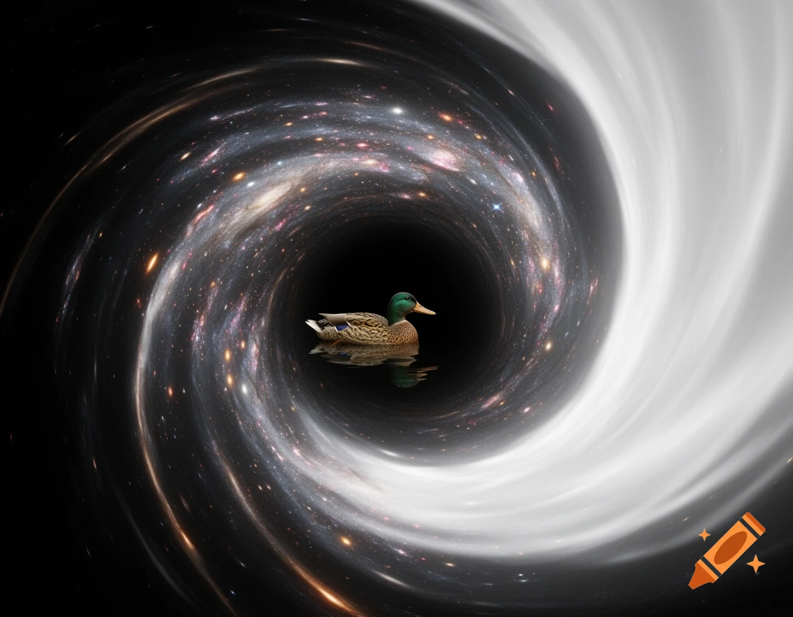 A realistic duck swims in the center of a swirling cosmic vortex with stars and galaxies on one side and white light on the other, resembling a black and white hole.