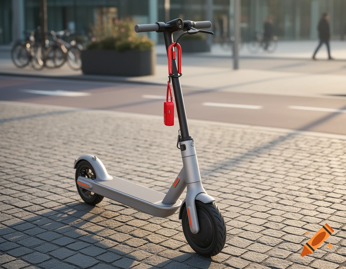 A grey electric scooter with a red cable lock hanging from its handlebars is parked on a cobblestone street in a sunny urban setting.