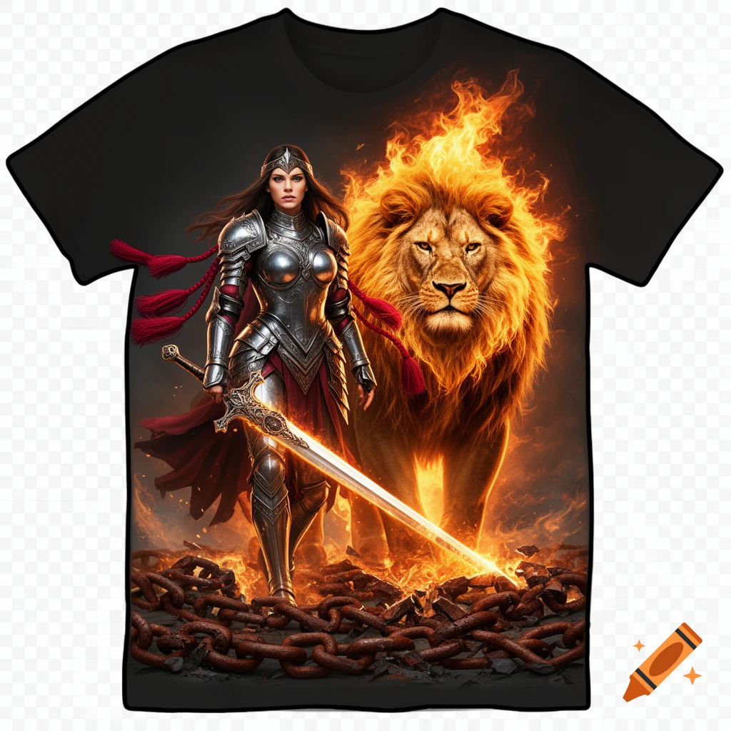 A warrior princess in silver armor holds a glowing sword while standing next to a fiery lion, surrounded by broken chains.