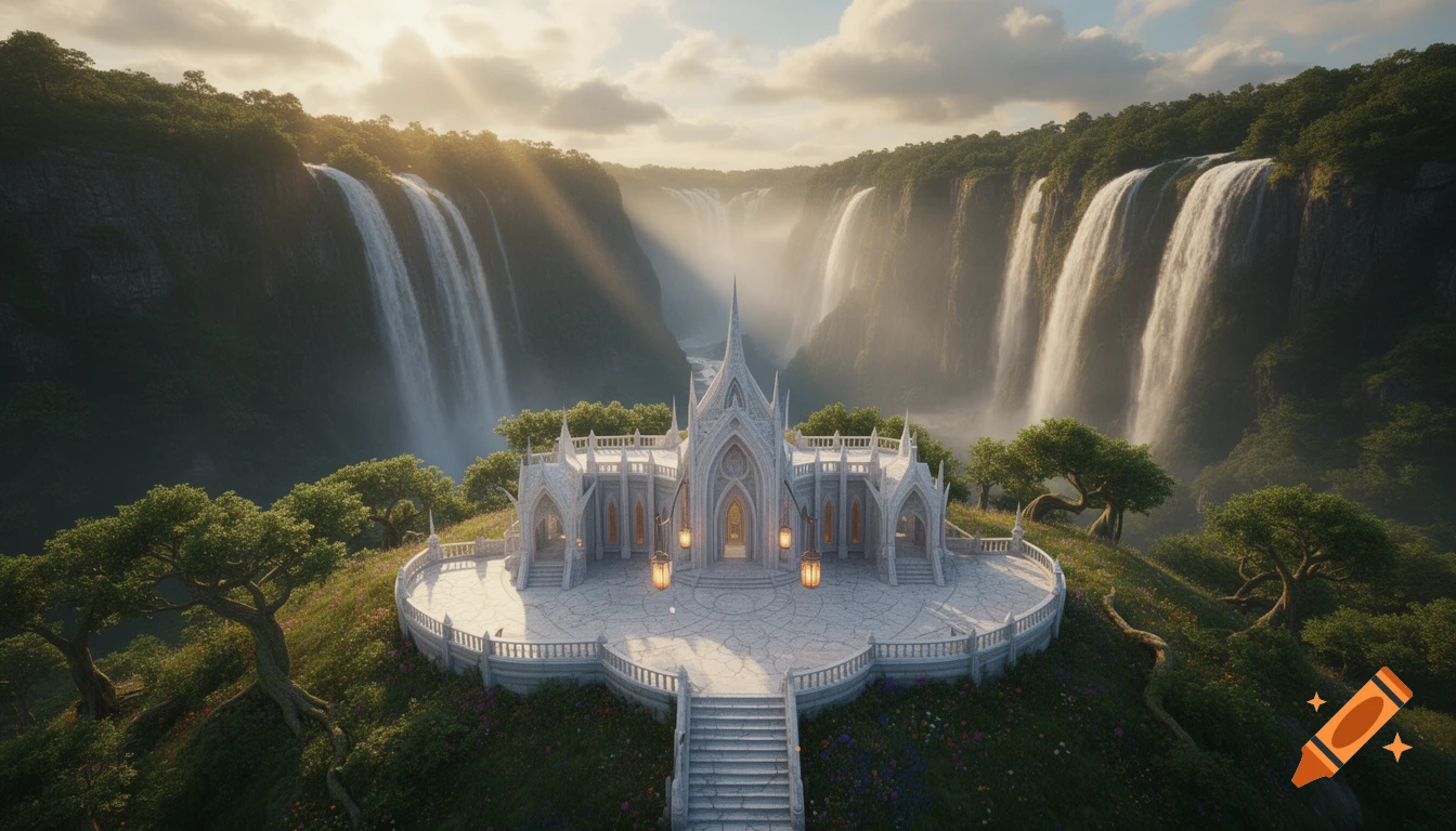 Majestic white marble elven palace on a hill overlooking a misty valley with cascading waterfalls under golden hour sunlight.