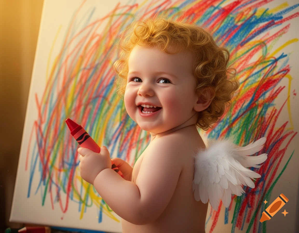 Happy, curly-haired cherub baby holds a red crayon, laughing over its shoulder at a canvas full of colorful scrawls, hyperrealistic.